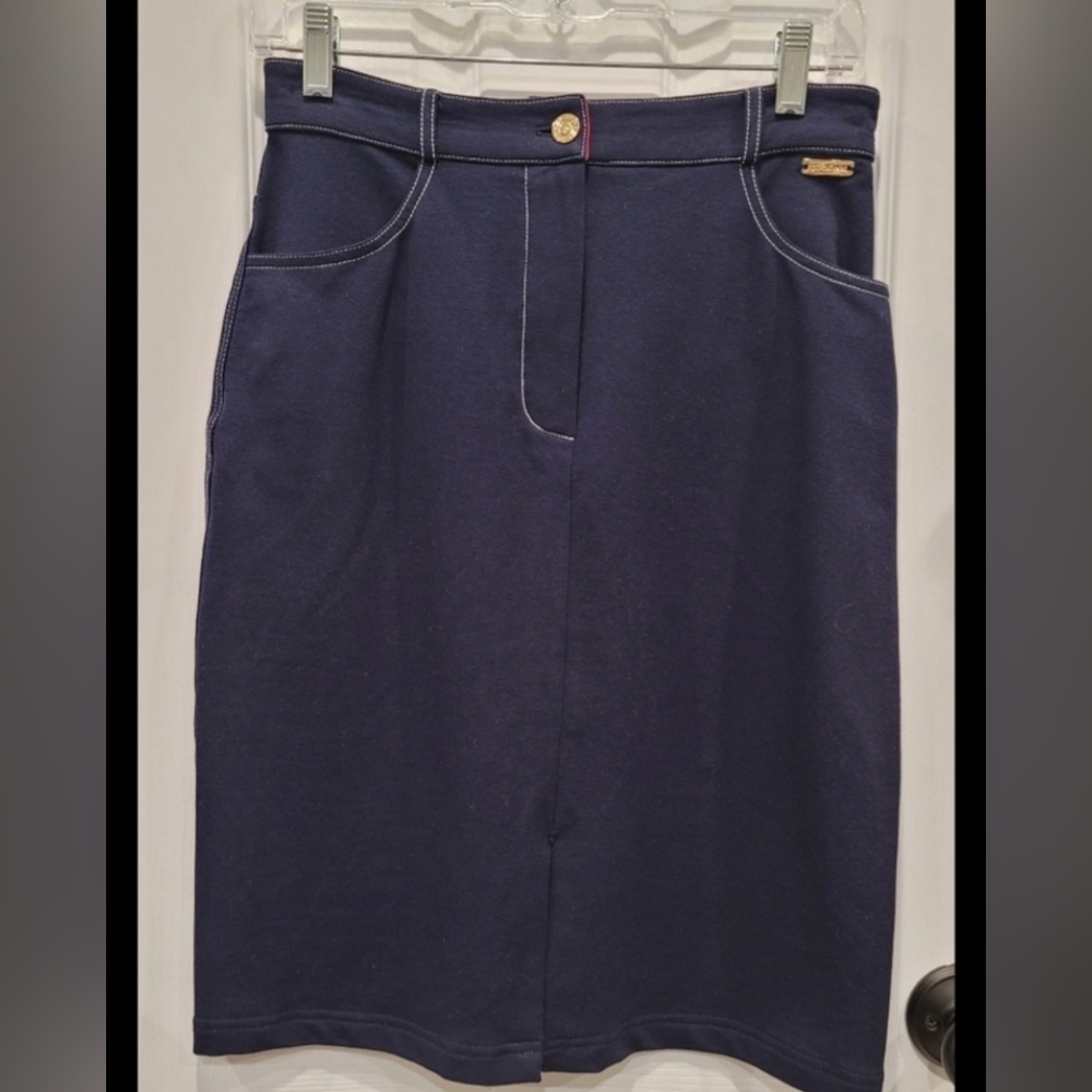 [St John Sport] Vintage Marie Gray Ponte Knit Navy Skirt with Top Stitch Details